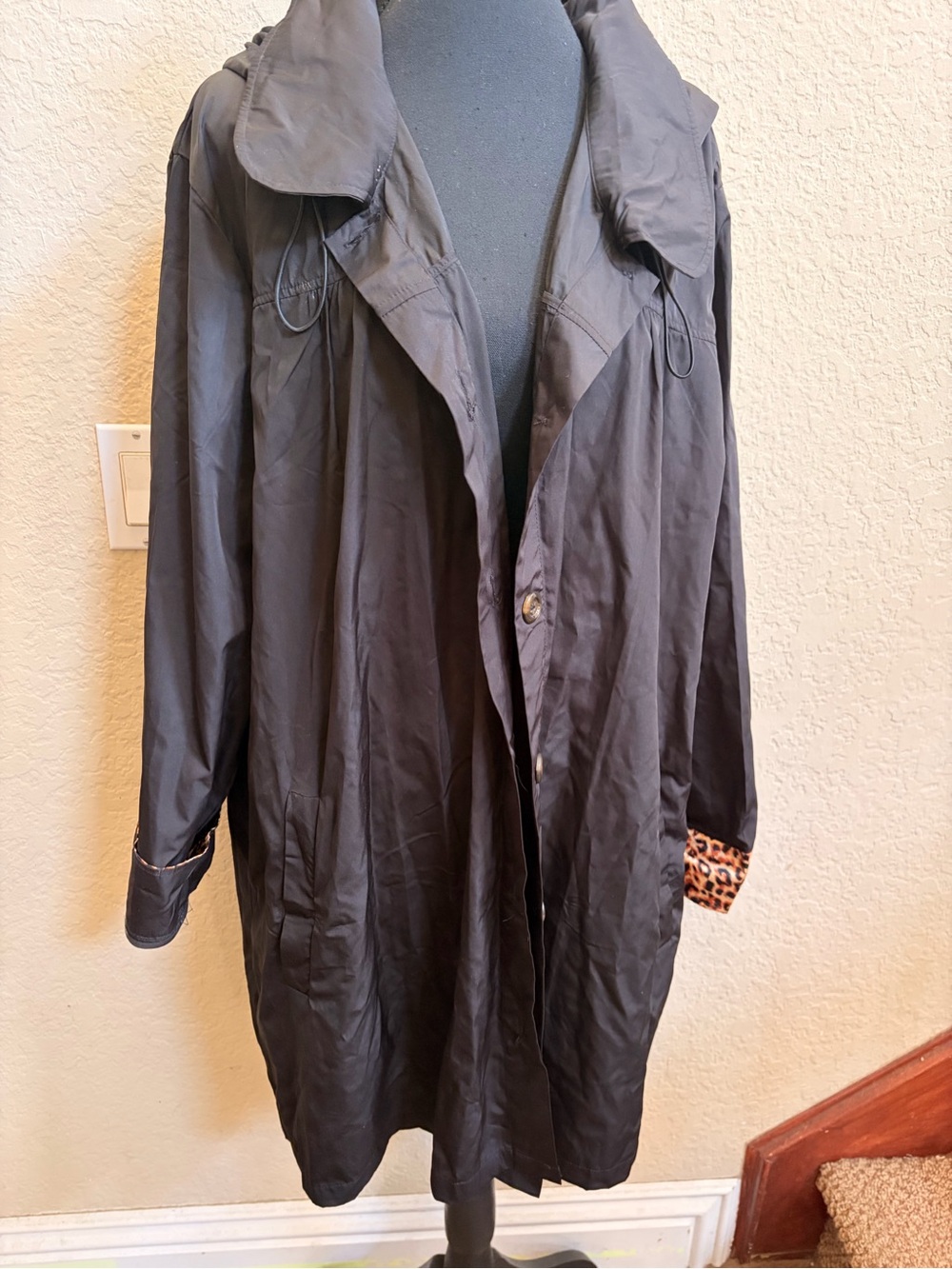 Women's Black Trench Coat with Leopard Cuff Accent